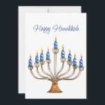 Hanukkah Menorah med blå, vita brinnande ljus<br><div class="desc">Vattenfärgmenorah med blå och vit brinnande ljus. Lycklig Hanukkah hälsning och känslan på rygg kan ändras. AI-assisterad grafik som köpts med kommersiell använda. Bild: CosmicMeta</div>