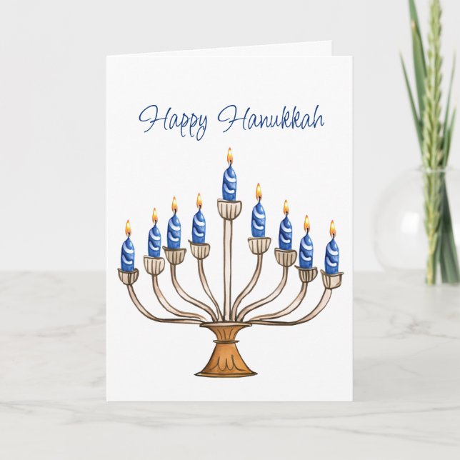 Hanukkah Menorah med blå, vita brinnande ljus Kort (Framsida)