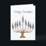 Hanukkah Menorah med blå, vita brinnande ljus Kort<br><div class="desc">Vattenfärgmenorah med blå och vit brinnande ljus. Lycklig Hanukkah hälsning och känslan inom landet kan förändras. AI-assisterad grafik som köpts med kommersiell använda. Bild: CosmicMeta</div>
