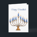 Hanukkah Menorah med blå, vita brinnande ljus Kort<br><div class="desc">Vattenfärgmenorah med blå och vit brinnande ljus. Lycklig Hanukkah hälsning och känslan inom landet kan förändras. AI-assisterad grafik som köpts med kommersiell använda. Bild: CosmicMeta</div>