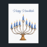 Hanukkah Menorah med blå, vita brinnande ljus Vykort<br><div class="desc">Vattenfärgmenorah med blå och vit brinnande ljus. Lycklig Hanukkah hälsning kan ändras. AI-assisterad grafik som köpts med kommersiell använda. Bild: CosmicMeta</div>