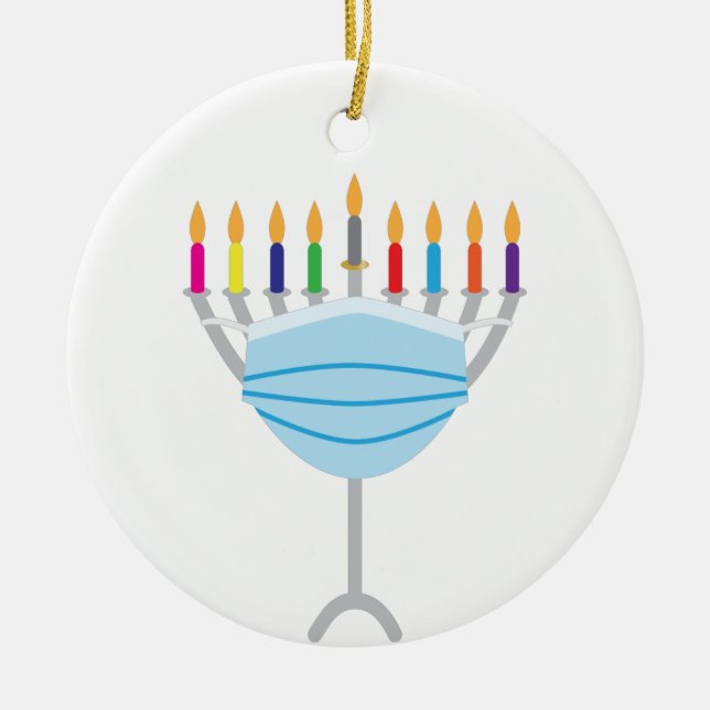 Hanukkah Menorah med masken ansikte Julgransprydnad Keramik (Framsidan)