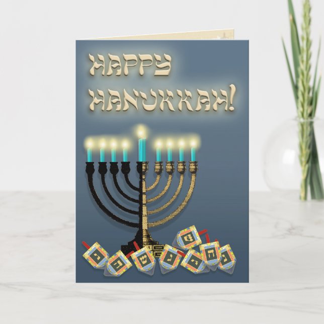Hanukkah Menorah och Dreidels Helgkort (Framsida)