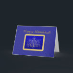 Hanukkah menorakort helgkort<br><div class="desc">Menora och davidsstjärna i guld- ram på blåttbakgrund.</div>