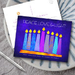 Hanukkah Modern Boho Candles Blue Peace Kärlek Lig Helg Vykort<br><div class="desc">"Fred, kärlek och ljus." En lekfull, modern, konstgjord illustration av boho mönster-ljus på en menorah hjälper dig att vaktera helgdag av Hanukkkah. Blåljus med färglöst faux foil mönster täcker över en rik djup blå texturerad bakgrund. På baksidan skriver du in din personliga kopia med hjälp av den enkla mall som...</div>