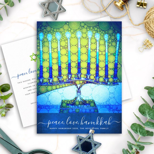Hanukkah Modern Script Blå Grön Menorah Stilfull Helg Vykort (Skapare uppladdad)