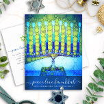 Hanukkah Modern Script Blue Grönt Menorah Snyggt Helg Vykort<br><div class="desc">"Fred, Kärlek, Hanukkah" Ett foto som illustrerar en ljus, färgstark, blå grönt på en texturerad marin blå bakgrund hjälper dig att sätta dig upp i helgdag av Hanukkah. Känn julhelgens värme och glädje när du skickar detta fantastiska, färgstarka Hanukkah hälsning-vykort. Matchningshöljen, klistermärken, tote bags, papper förpackning, serveringsbrickor och andra produkter...</div>