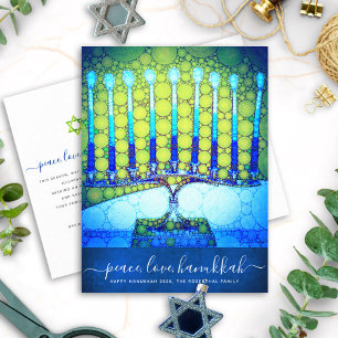 Hanukkah Modern Script Blue Grönt Menorah Snyggt Helg Vykort