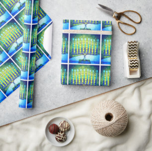 Hanukkah Modern Trendig Blue Grönt Menorah Mönster Presentpapper