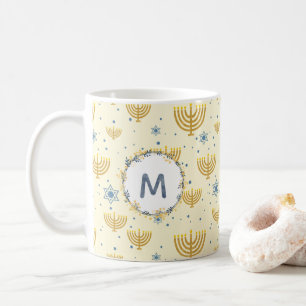 Hanukkah Mönster + Navy Blue Watercolor Monogram Kaffemugg