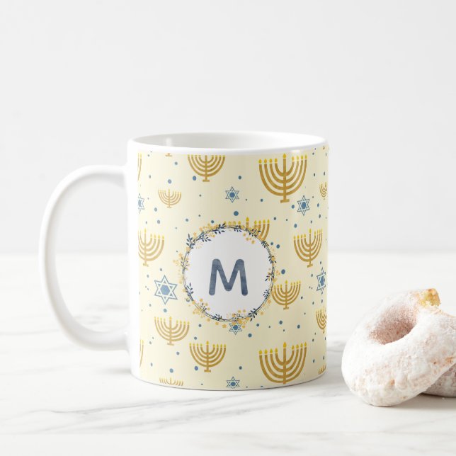 Hanukkah Mönster + Navy Blue Watercolor Monogram Kaffemugg (Med munk)