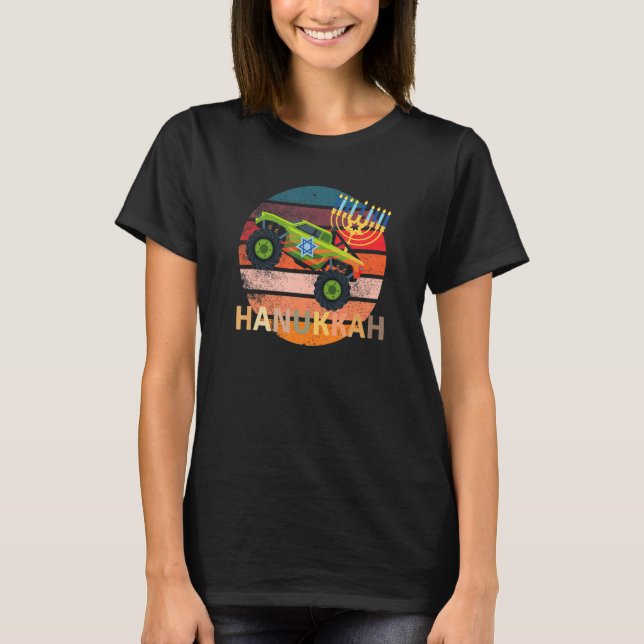 Hanukkah Monster Truck Dreidel Menorah  Retro Vint T Shirt (Framsida)