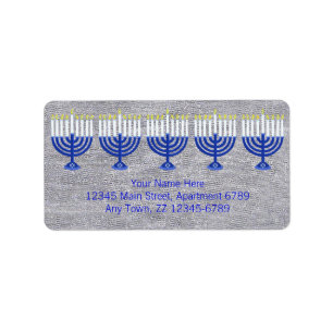Hanukkah Mörk blått Menorah på Fiaux Silver Bling Adressetikett
