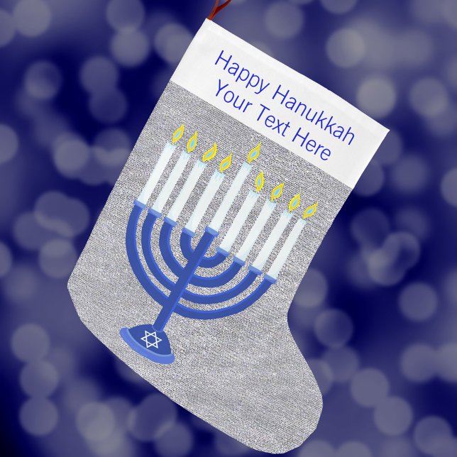 Hanukkah Mörk blått Menorah Silver Chrismukah Stor Julstrumpa (Add your custom text to this Happy Hanukkah Christmas stocking and celebrate interfaith holidays)