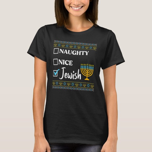 Hanukkah Naughty Nice Jewish Ugly jul T Shirt (Framsida)