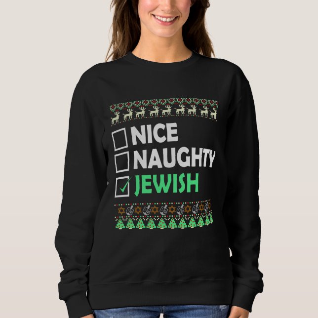 Hanukkah Nice Naughty Jewish Ugly Christmas Costum T Shirt (Framsida)