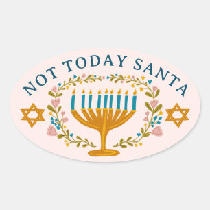 HANUKKAH NOT TODAY SANTA Funny Blommigt Handdragen Ovalt Klistermärke