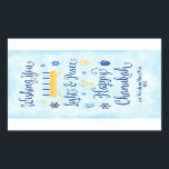 Hanukkah nyckfullt ljust och fred rektangulärt klistermärke<br><div class="desc">Ett judiskt Hanukkah temakort med en menora, en davidsstjärna och en Driedel. Texten läser att önska dig lätt & fredlycklig Hanukkah. Bakgrunden är ett ljust - blåttvattenfärgen tvättar. Skräddarsy denna etikett med ett kort meddelande, två linjer ges för monogrammärkning. Dessa etiketter är trevliga för att paketera gåvor. Om du kräver...</div>