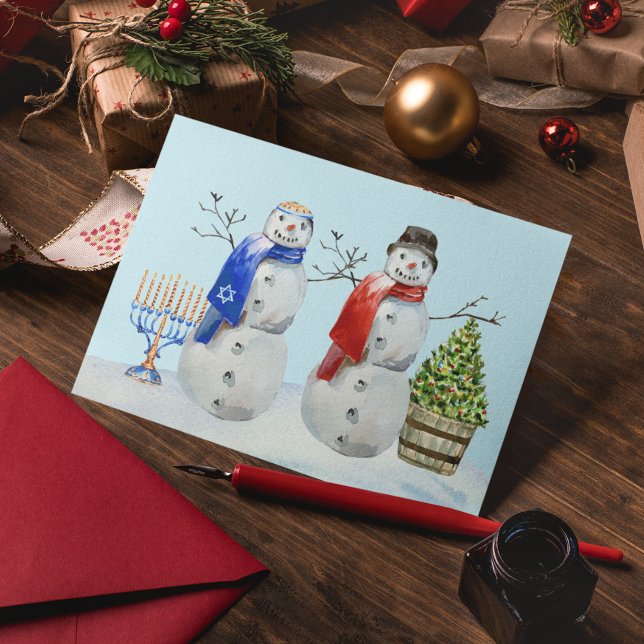 Hanukkah och jul snö man akvarell helg vykort (Skapare uppladdad)
