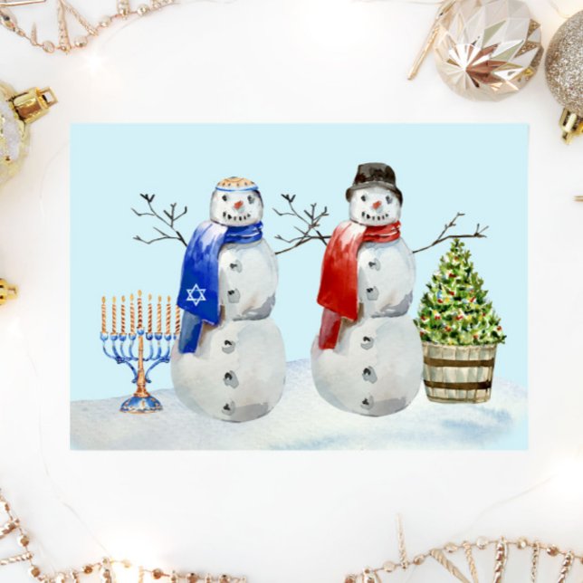 Hanukkah och jul Snögubbe Watercolor Julkort (Skapare uppladdad)