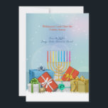 Hanukkah och julhelgdagkort julkort<br><div class="desc">Fira Hanukkah och jul på ditt hus? Här är ett helgdagkort som precis göras för dig. Det presenterar presenter, och en menora med ett snöig baserar och en blända bakgrund. Menora vid Vecteezy. Kortet är lätt att skräddarsy med ditt uttrycka, stilsorten, stilsortsfärg, formar papper alternativ och primat av sex pappra...</div>