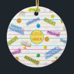 Hanukkah "Party Chanukah" Circle Ornament<br><div class="desc">Hanukkah "Party Chanukah" Circle Ornament. (2 sidor) Anpassa genom att ta bort text på dekoratet och ersätta med en egen. Skriv sedan in ditt eget ord i ditt favoritteckensnitt färg, storlekt och stil. Cirkelformen i mitten av dekorationen kan också ändras eller tas bort. Tack för att du stannade och shoppade...</div>