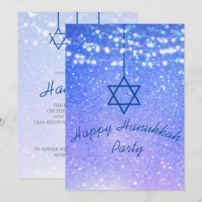 Hanukkah Party Ljus Glitter Blue Star David Inbjudningar (Fram/baksida)
