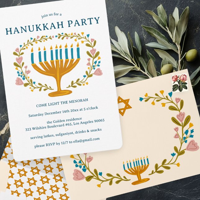 HANUKKAH PARTY Menorah-blommigtens ANPASSNINGSBAR  Inbjudningar (HANUKKAH PARTY Menorah floral wreath CUSTOM Invitation
)