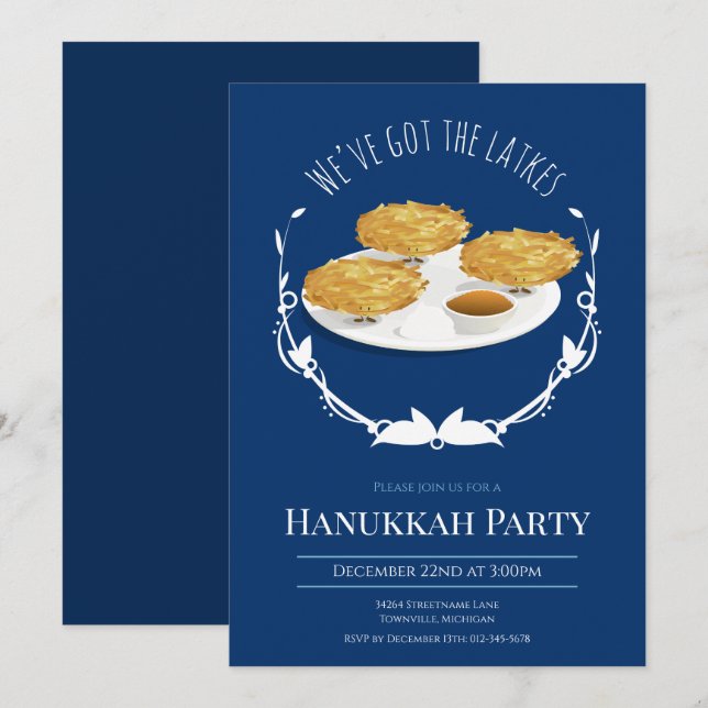 Hanukkah Party Smiling Latkes Blue White Helgdag Inbjudningar (Fram/baksida)