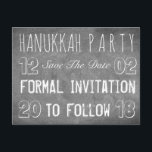 Hanukkah Party sparar datum för Stil i kalkylblade Meddelande Vykort<br><div class="desc">Anpassningsbar Hanukkah Party Spara den formella inbjudan som ska följa,  datum,  typografi Chalkboard-sökning,  du kan anpassa texten,  vykort</div>