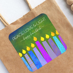 Hanukkah Peace Kärlek Light, Blue Boho Candles Grö Fyrkantigt Klistermärke