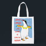 Hanukkah Penguin Matkasse Återanvändbar Påse<br><div class="desc">Hanukkah Penguin, vit tvåsidig påse. All inslag kan redigeras. All redigerbar text kan tas bort och ersättas med ett eget meddelande. Använda ditt favoritteckensnitt färg, storlek och stil. Lycklig Hanukkah/Chanukah! Stil: Återanvändbar väska grönt och rädda planeten med vår återanvändbara matkasse! Den här väskan är gjord med en lätt polyesterväv och...</div>