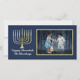 Hanukkah Photo Card "Elegant Menorah Blue" Julkort