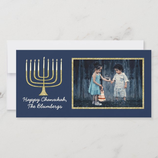 Hanukkah Photo Card "Elegant Menorah Blue" Julkort (Framsida)