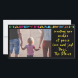 Hanukkah Photo Card "Lycklig Hanukkah" Julkort<br><div class="desc">Lycklig Helgdag, Hanukkah/Chanukah-fotokort, "Lycklig Hanukkah" Glossy, fotokort med vitt kuvert. Anpassa genom att ersätta bild och text. Anpassa ordalydelsen genom att välja ditt favoritteckensnitt stil, färg och storlekt. Bakgrunden till färg kan bytas ut genom att välja från färg-paletten. Justera om, ändra storlek på och ändra ordalydelsen för att anpassa. Tack...</div>