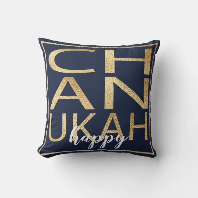 Hanukkah Pillow Chanukah Lycklig Guld/Blue Kudde (Framsida)