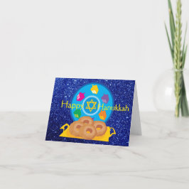 Hanukkah Plate med Dreidels Blue Faux Glitter Helgkort