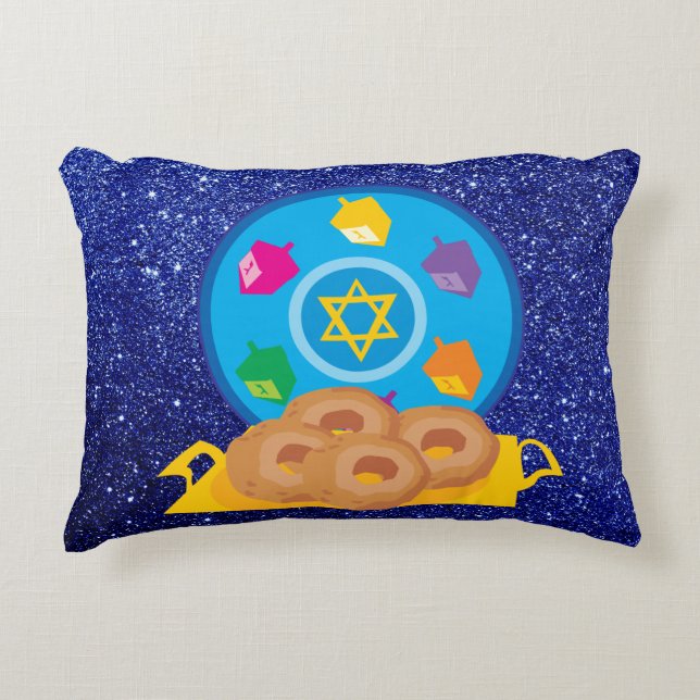 Hanukkah Plate med Dreidels Blue Faux Glitter Prydnadskudde (Framsidan)