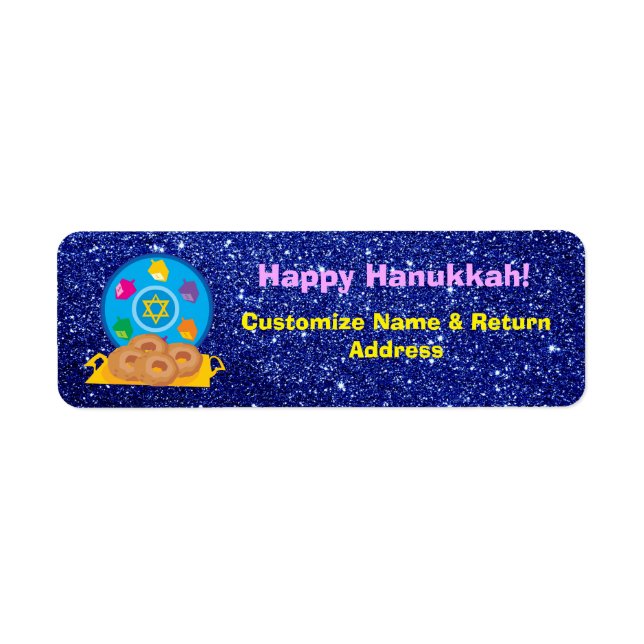 Hanukkah Plate med Dreidels Blue Faux Glitter Returadress Etikett (Framsidan)