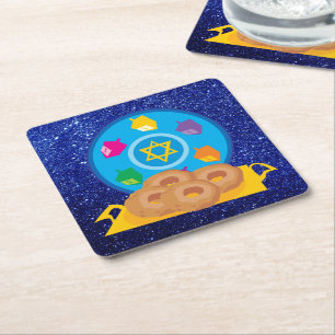 Hanukkah Plate med Dreidels Blue Faux Glitter Underlägg Papper Kvadrat