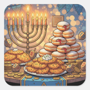 Hanukkah Potatisbullar, Menorah och Jellyrullar Fyrkantigt Klistermärke