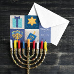 Hanukkah Quilt 8 Magic Nights Hanukkah Card Helgkort<br><div class="desc">En Menorah,  David,  Dreidel och Gift med en quilt-apparat ser ut att önska vänner och familj Åtta nattdagar i Kärlek,  ljus och välstånd på detta charmerande Hanukkah-kort. Alla fält är anpassade. Lägg till din familjs Namn för ett verkligt personligt Hanukah hälsning eller ta bort det för hand!</div>