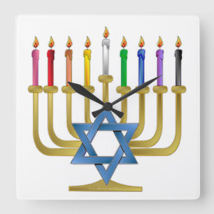 Hanukkah Rainbow Candles Guld Menorah Fyrkantig Klocka