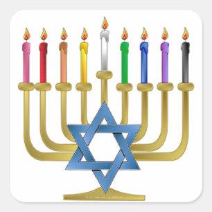 Hanukkah Rainbow Candles Guld Menorah Fyrkantigt Klistermärke