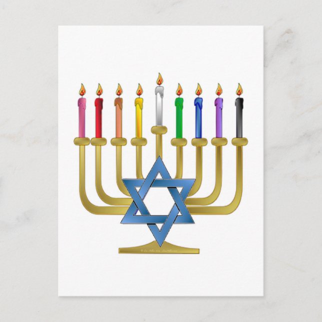 Hanukkah Rainbow Candles Guld Menorah Helg Vykort (Framsida)