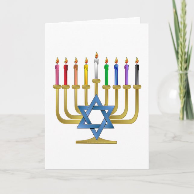 Hanukkah Rainbow Candles Guld Menorah Helgkort (Framsida)