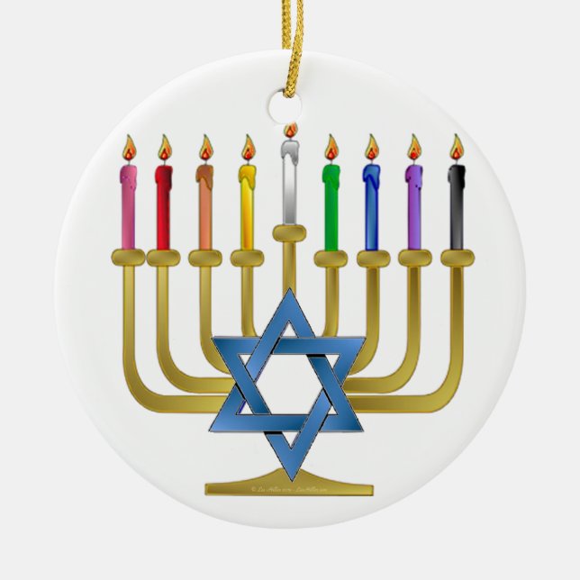 Hanukkah Rainbow Candles Guld Menorah Julgransprydnad Keramik (Framsidan)