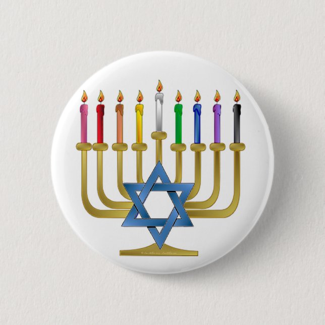 Hanukkah Rainbow Candles Guld Menorah Knapp (Framsida)