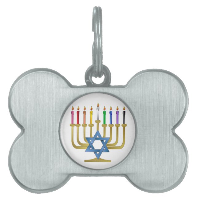 Hanukkah Rainbow Candles Guld Menorah Namnbricka Husdjur (Framsidan)