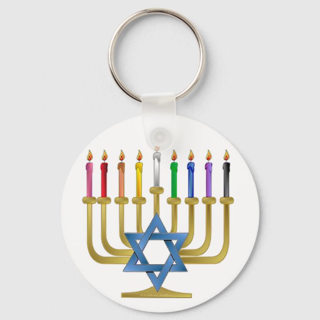 Hanukkah Rainbow Candles Guld Menorah Nyckelring (Framsida)
